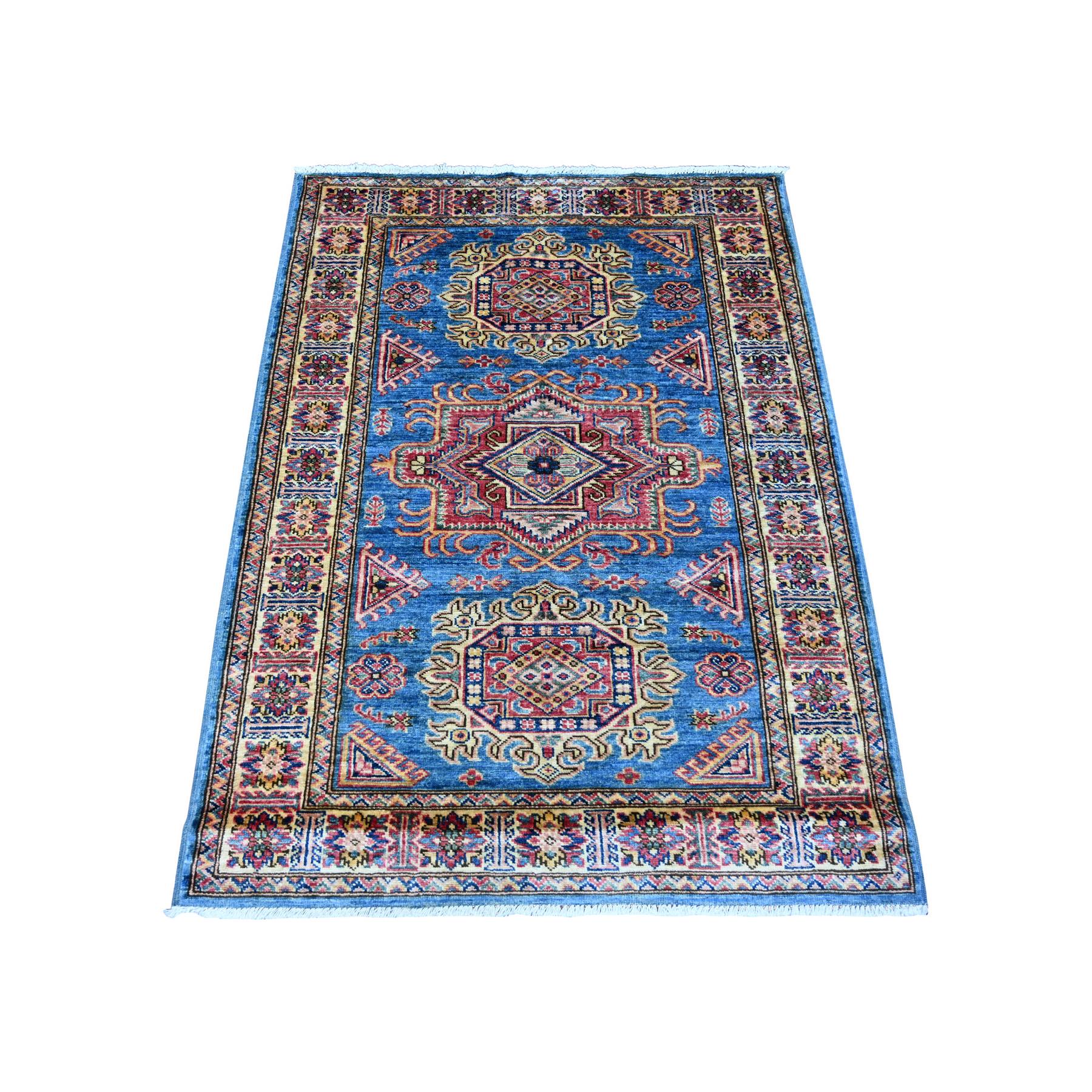 Bayern Blue, Afghan Super Kazak with Geometric Medallions Design, Hand Knotted, Soft and Velvety Wool, Vegetable Dyes, Oriental Rug